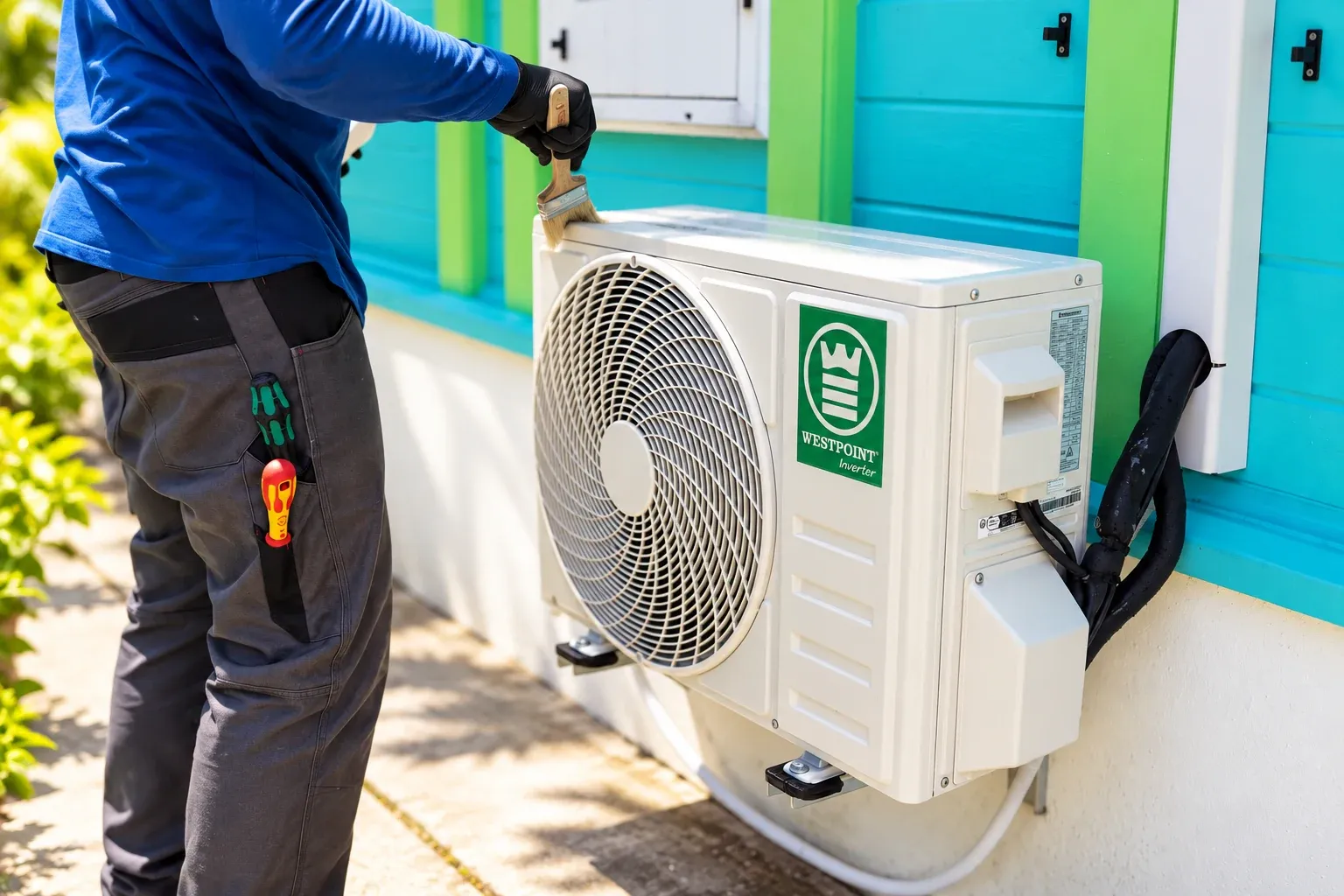 Technicien fixant une unité extérieure de climatisation sur une façade